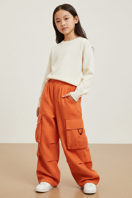 Pantalon Baggy Orange Cargo Ample Enfant Décontracté - Molleton