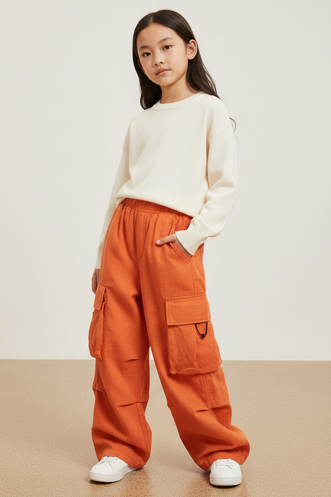 Pantalon Baggy Orange Cargo Ample Enfant Décontracté - Molleton