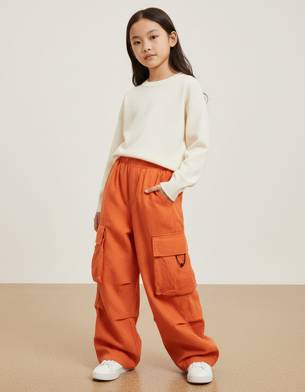 Pantalon Baggy Orange Cargo Ample Enfant Décontracté - Molleton