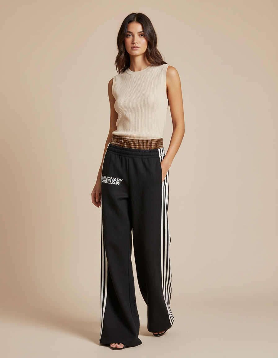 Pantalon Baggy Noir Rayures Larges Décontracté Femme - Molleton