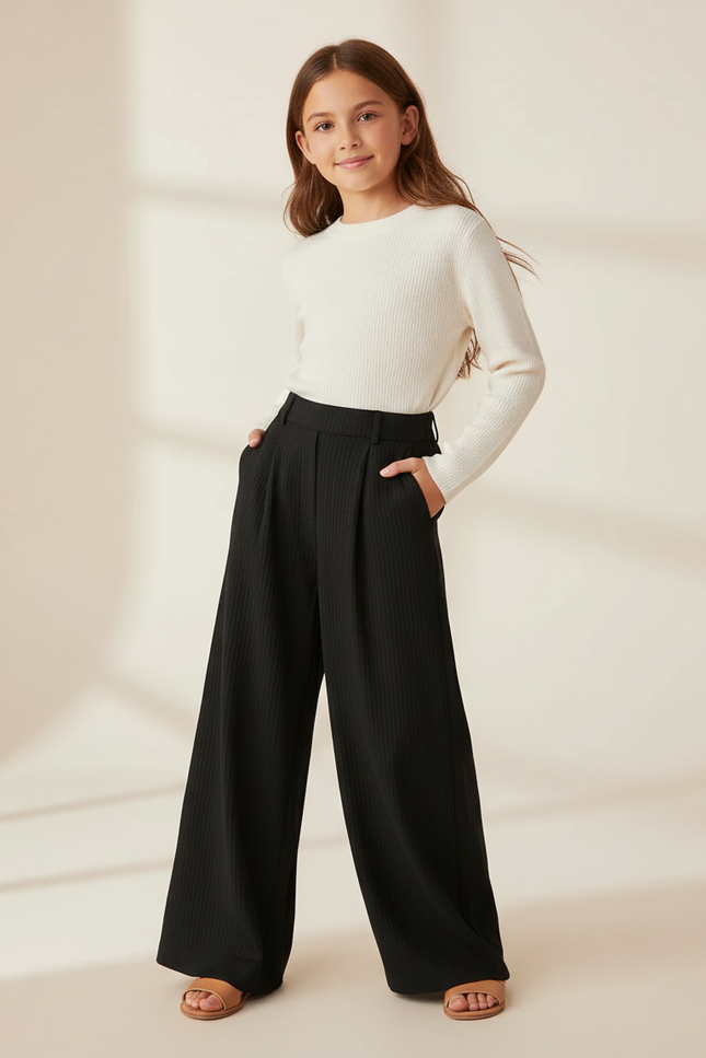 Pantalon Baggy Noir Côtelé Ample Fluide Fille - Maille