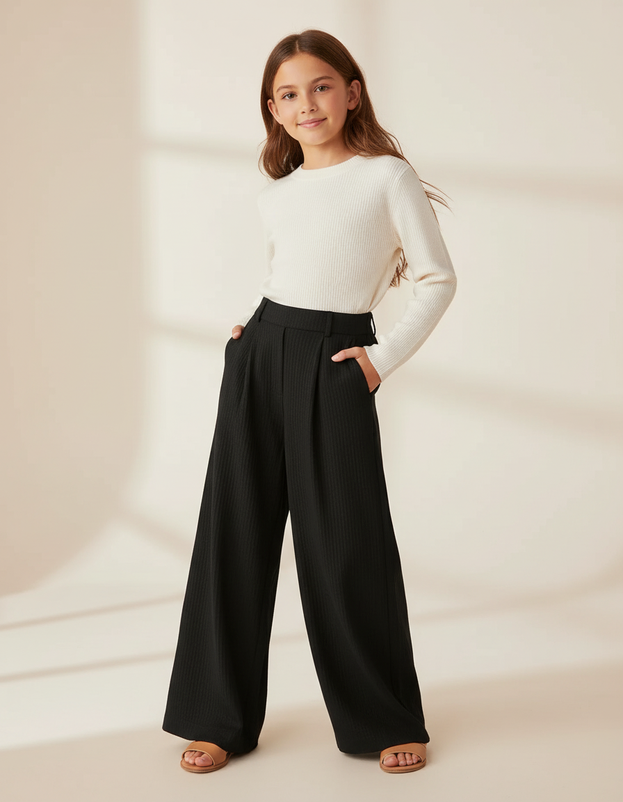Pantalon Baggy Noir Côtelé Ample Fluide Fille - Maille
