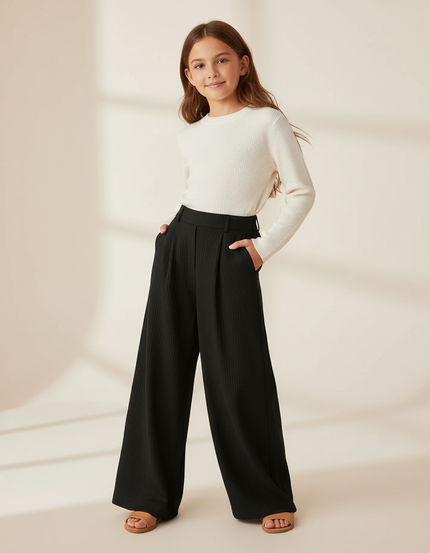 Pantalon Baggy Noir Côtelé Ample Fluide Fille - Maille