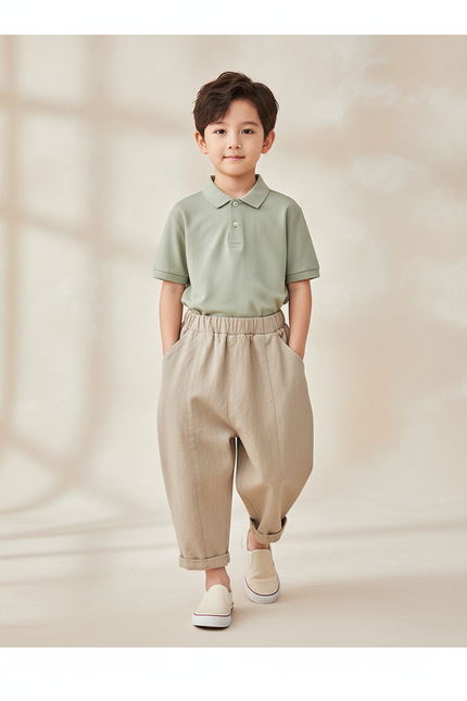 Pantalon Baggy Garçon Beige Taille Élastique - Lin