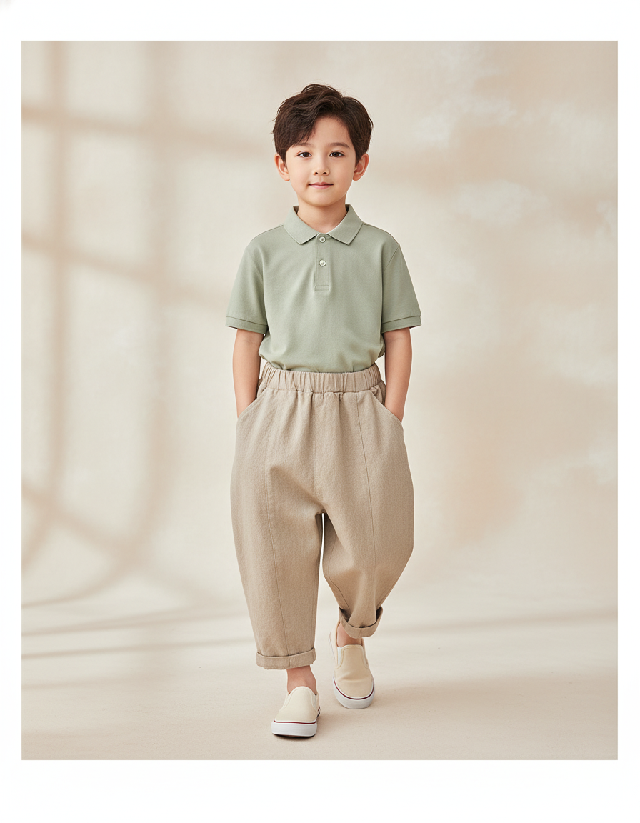 Pantalon Baggy Garçon Beige Taille Élastique - Lin