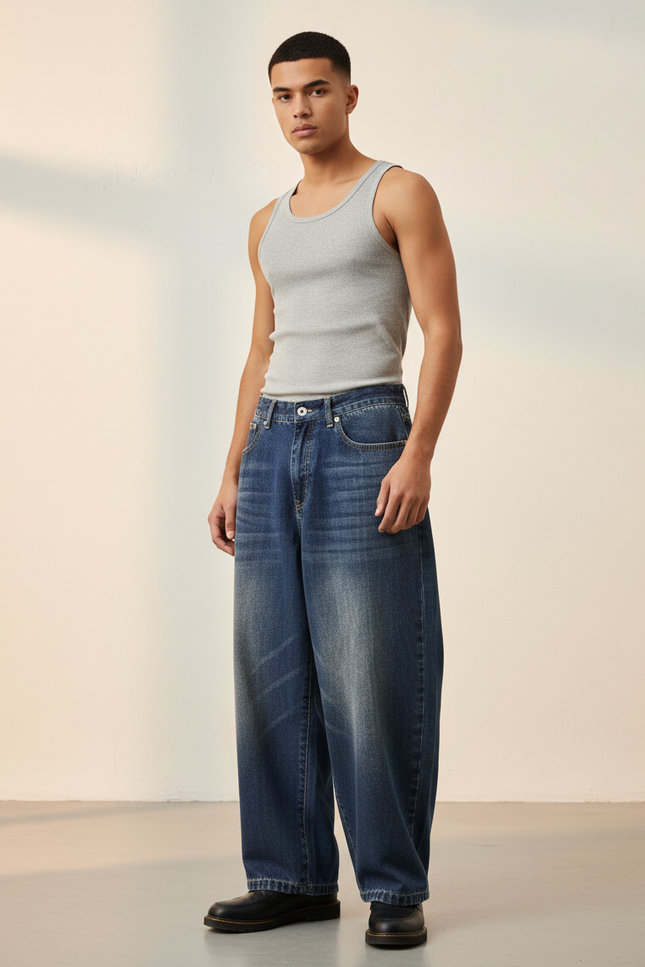 Pantalon Baggy Jean Bleu Délavé Large Décontracté Homme