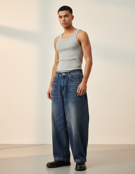 Pantalon Baggy Jean Bleu Délavé Large Décontracté Homme