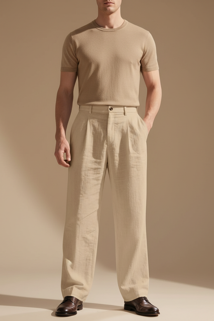 Pantalon Baggy Beige Lin Plissé Ample Décontracté Homme