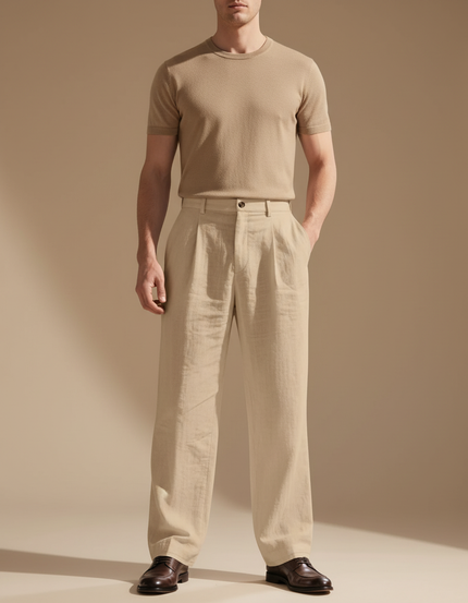 Pantalon Baggy Beige Lin Plissé Ample Décontracté Homme