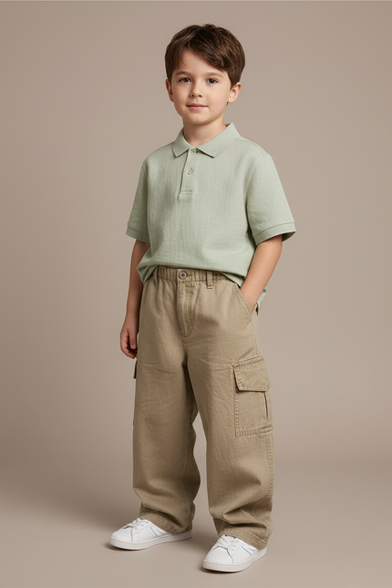 Pantalon Baggy Cargo Beige Décontracté Ample Garçon - Kaki Toile