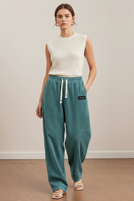 Pantalon Baggy Vert Cordon Côtelé Ample Femme - Cordé