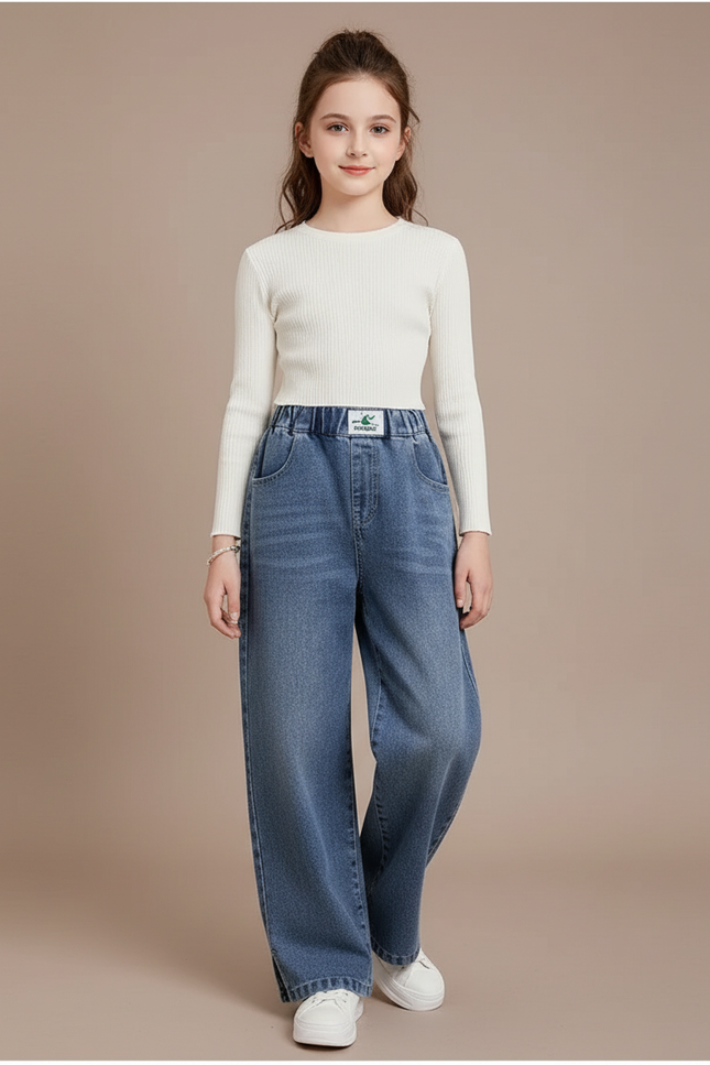 Pantalon Baggy Bleu Jean Ample Élastique Imprimé Fille