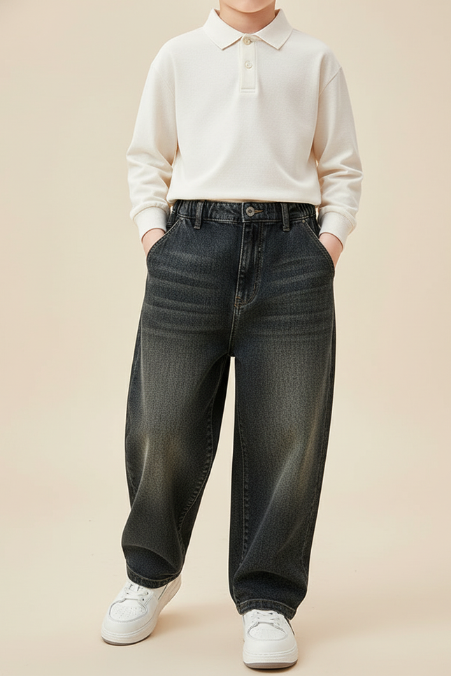 Pantalon Baggy Garçon Noir Taille Élastique - Jean