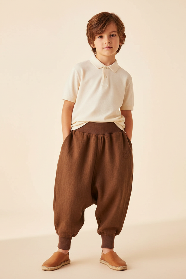 Pantalon Baggy Marron Ample Coton Élastique Enfant