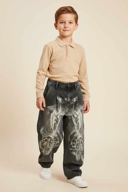 Pantalon Baggy Jean Gris Délavé Imprimé Tribal