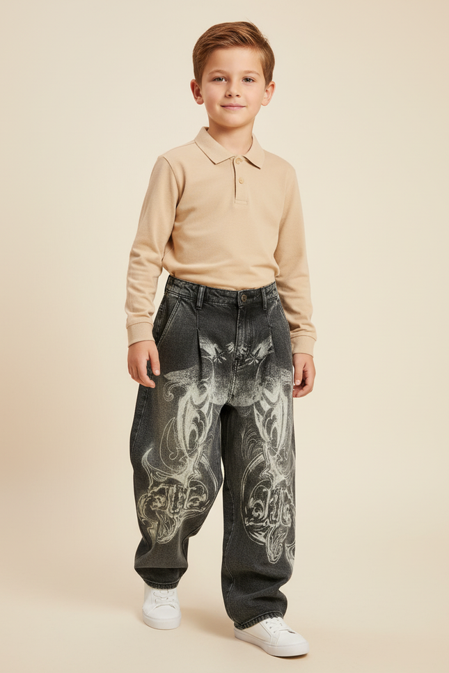 Pantalon Baggy Jean Gris Délavé Imprimé Tribal