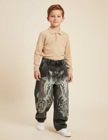 Pantalon Baggy Jean Gris Délavé Imprimé Tribal