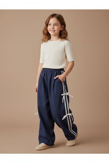 Pantalon Baggy Bleu Marine Ample Rubans Blancs Fille - Lin