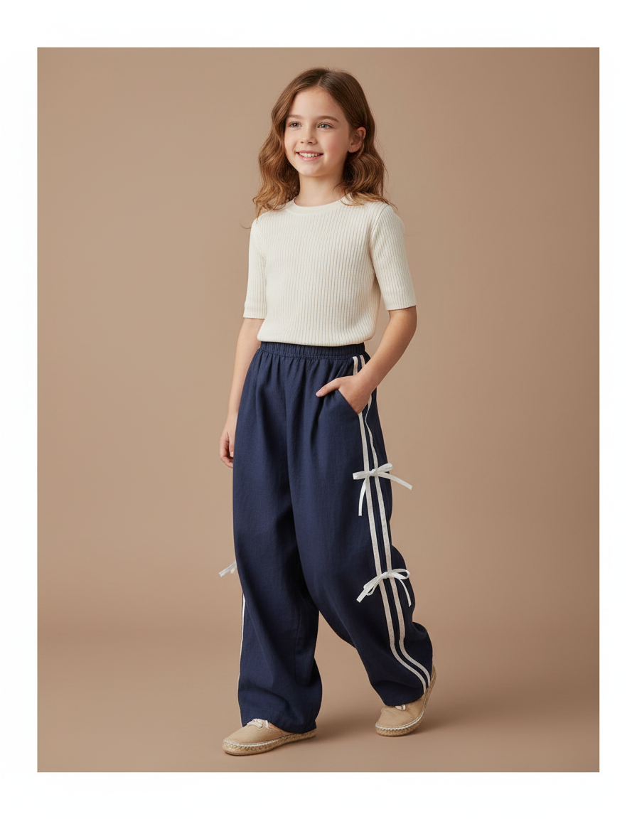 Pantalon Baggy Bleu Marine Ample Rubans Blancs Fille - Lin
