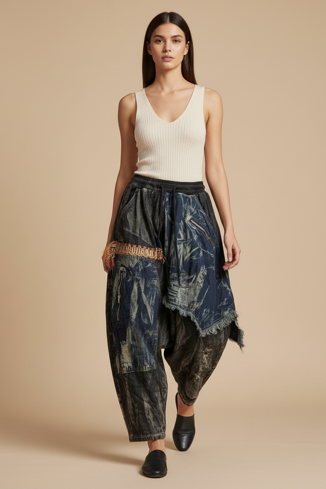 Pantalon Baggy Jean Délavé Ample Asymétrique Ethnique - Bleu