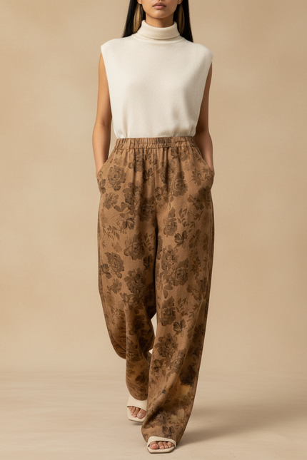 Pantalon Baggy Marron Imprimé Floral Ample Décontracté Femme - Lin