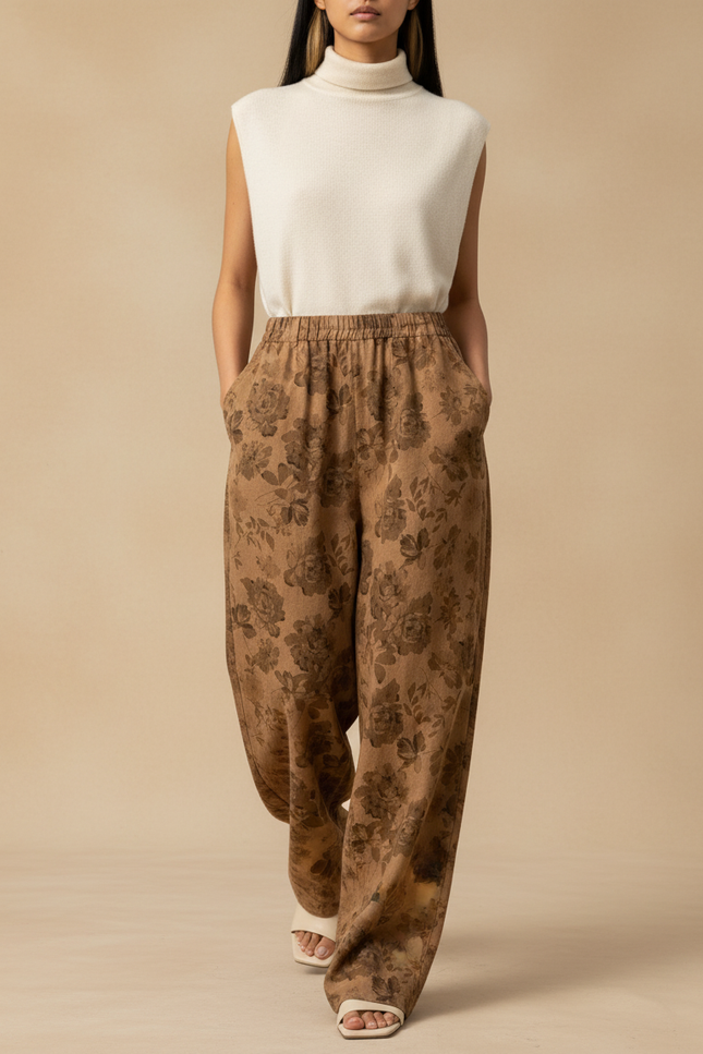 Pantalon Baggy Marron Imprimé Floral Ample Décontracté Femme - Lin