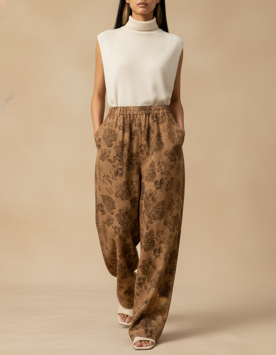 Pantalon Baggy Marron Imprimé Floral Ample Décontracté Femme - Lin