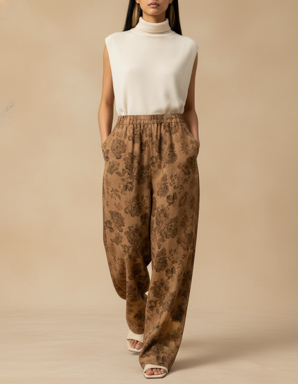 Pantalon Baggy Marron Imprimé Floral Ample Décontracté Femme - Lin