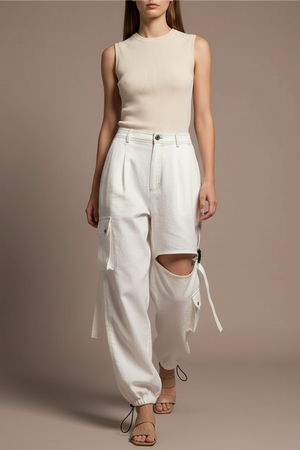 Pantalon Baggy Blanc Cargo Déchiré Ample Femme - Jean