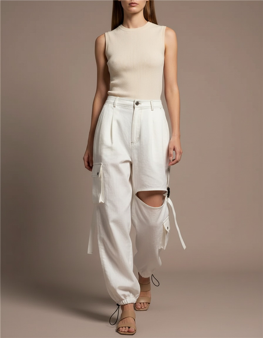 Pantalon Baggy Blanc Cargo Déchiré Ample Femme - Jean