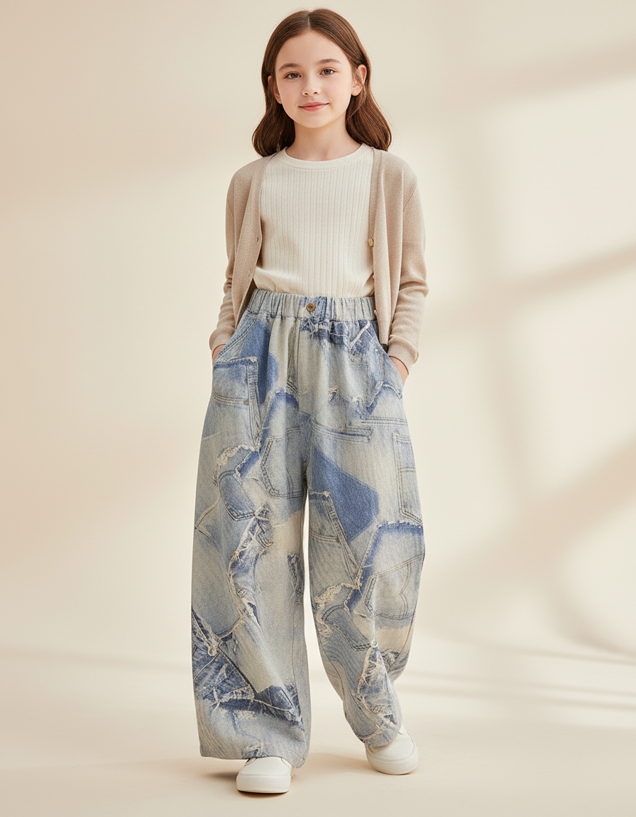 Pantalon Baggy Denim Patchwork Ample Imprimé Enfant - Bleu Jean