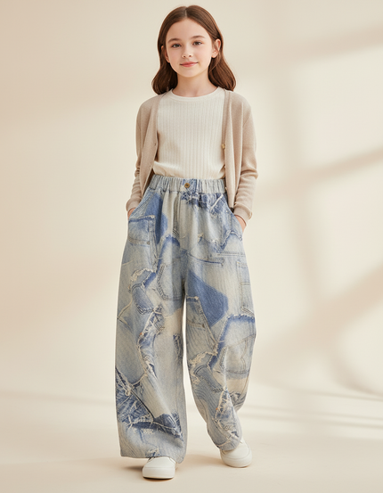 Pantalon Baggy Denim Patchwork Ample Imprimé Enfant - Bleu Jean