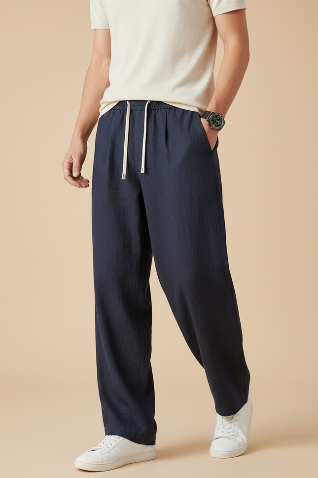 Pantalon Baggy Bleu Marine Coton Ample Cordon Homme - Lin