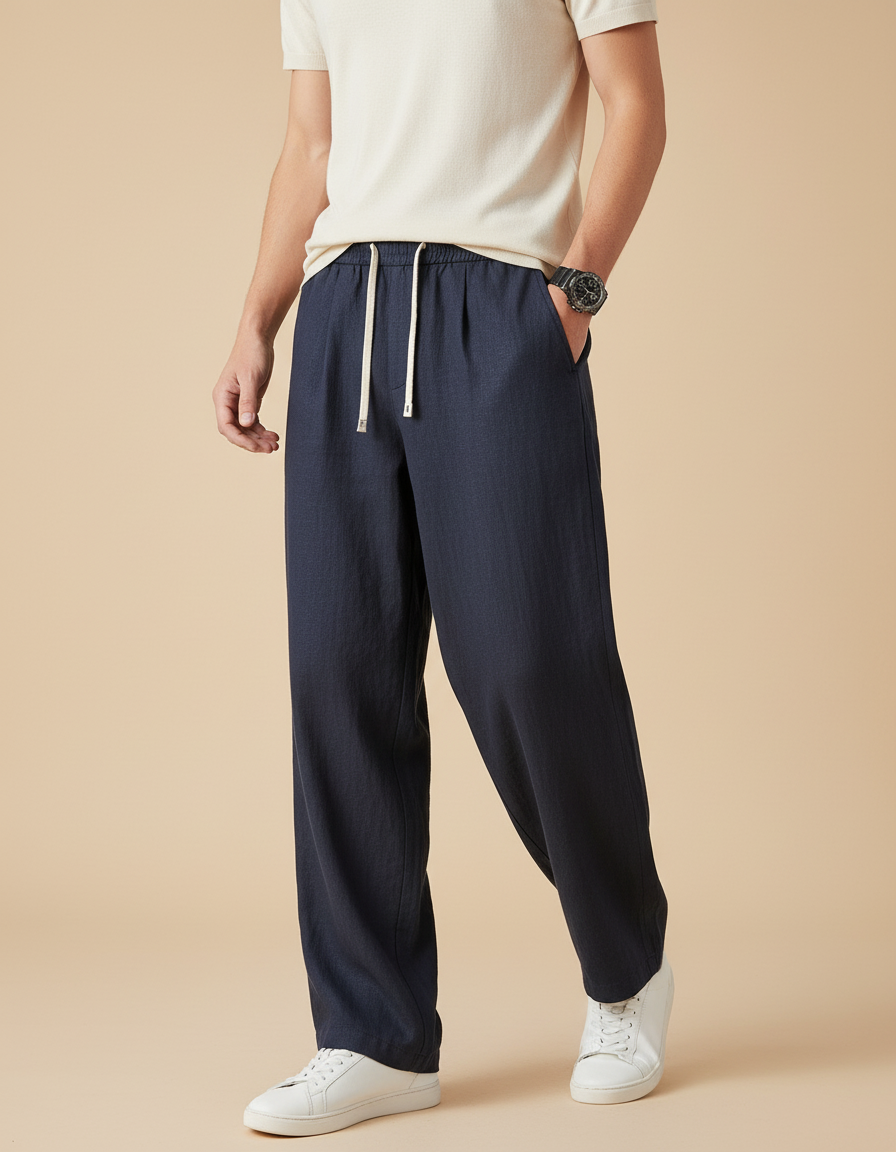 Pantalon Baggy Bleu Marine Coton Ample Cordon Homme - Lin