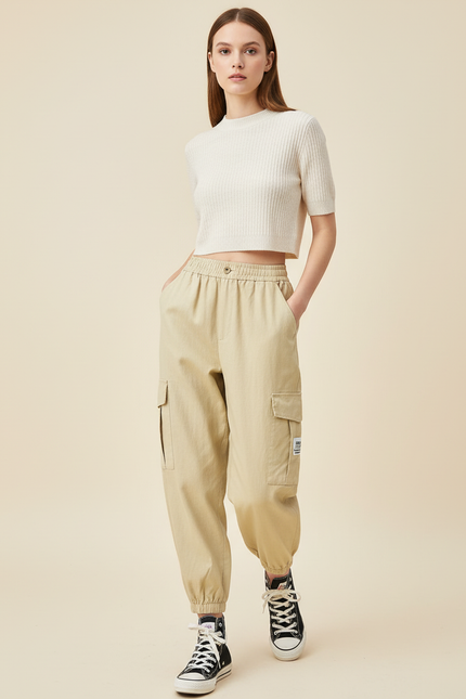 Pantalon Baggy Cargo Ample Beige Taille Haute - Toile