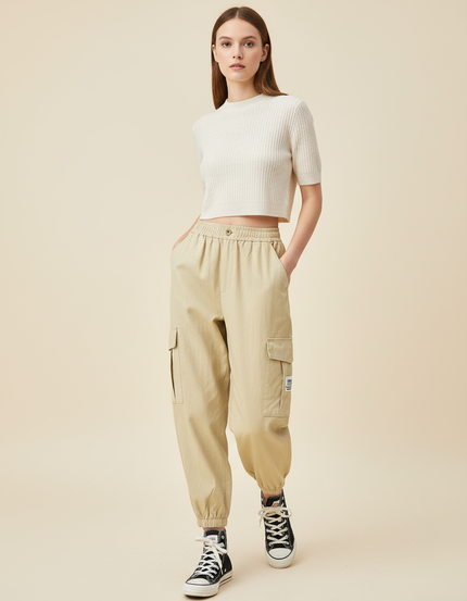 Pantalon Baggy Cargo Ample Beige Taille Haute - Toile