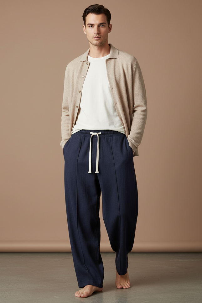 Pantalon Baggy Marine Coton Droit Confortable Cordon - Lin