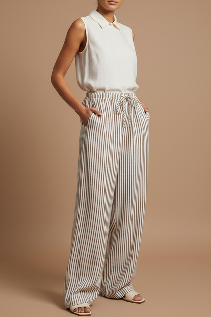 Pantalon Baggy Rayé Fluide Cordon Femme - Kaki Lin