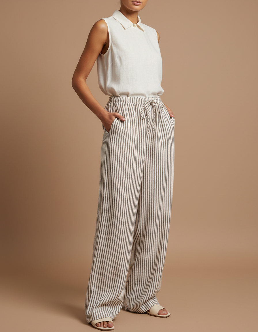 Pantalon Baggy Rayé Fluide Cordon Femme - Kaki Lin
