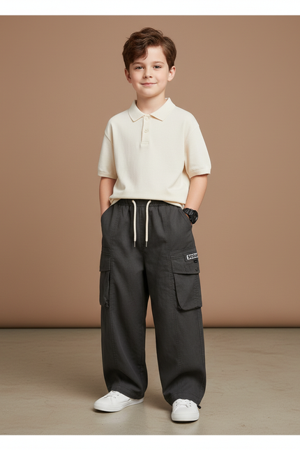 Pantalon Baggy Cargo Gris Ample Enfant Coton