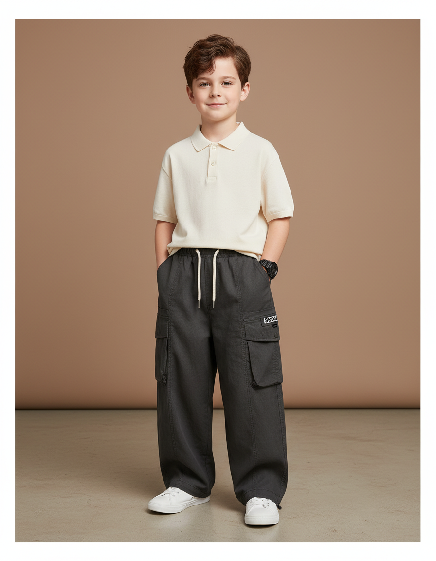 Pantalon Baggy Cargo Gris Ample Enfant Coton