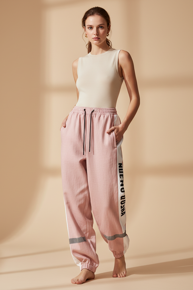 Pantalon Baggy Rose Bande Latérale Réfléchissante Sport Décontracté - Molleton
