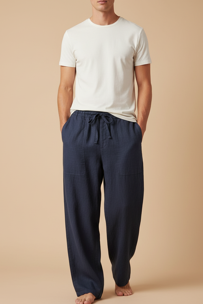 Pantalon Baggy Lin Coton Bleu Marine Ample Décontracté