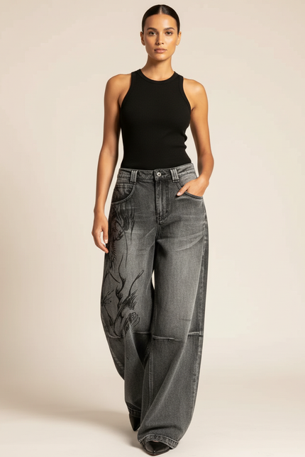 Pantalon Baggy Gris Imprimé Ample Streetwear Femme - Jean