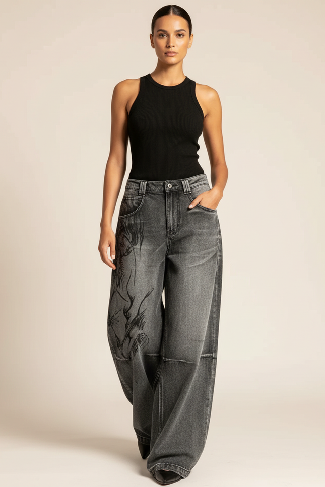 Pantalon Baggy Gris Imprimé Ample Streetwear Femme - Jean