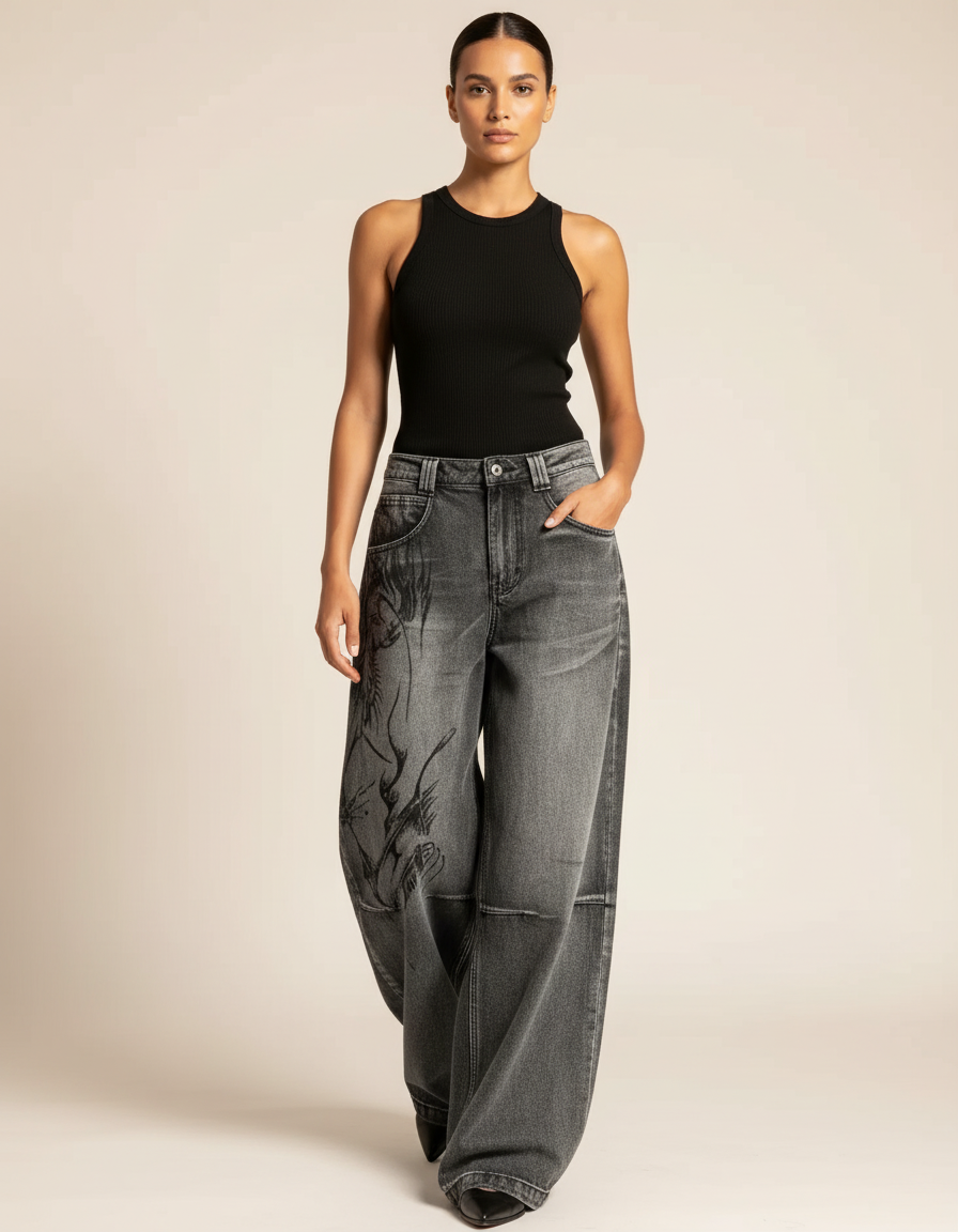 Pantalon Baggy Gris Imprimé Ample Streetwear Femme - Jean