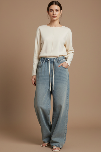 Pantalon Baggy Jean Bleu Délavé Ample Cordon Décontracté