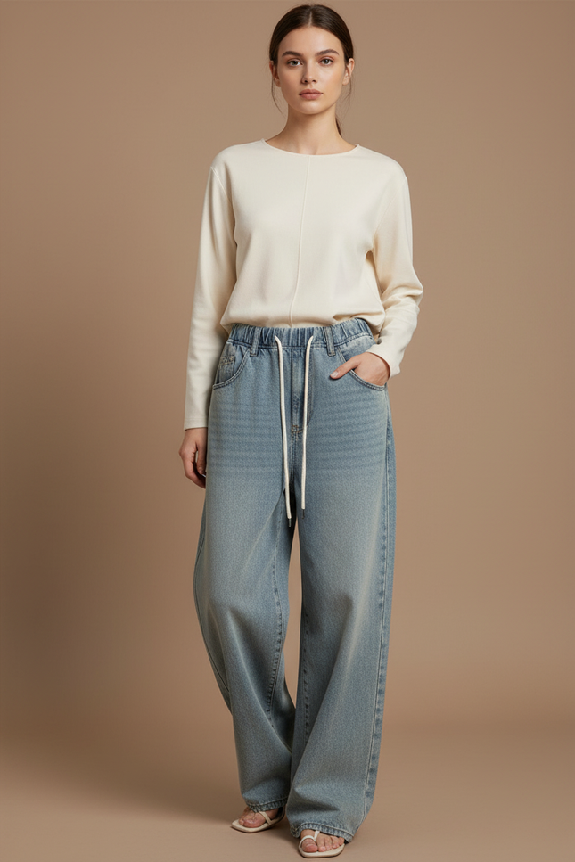 Pantalon Baggy Jean Bleu Délavé Ample Cordon Décontracté