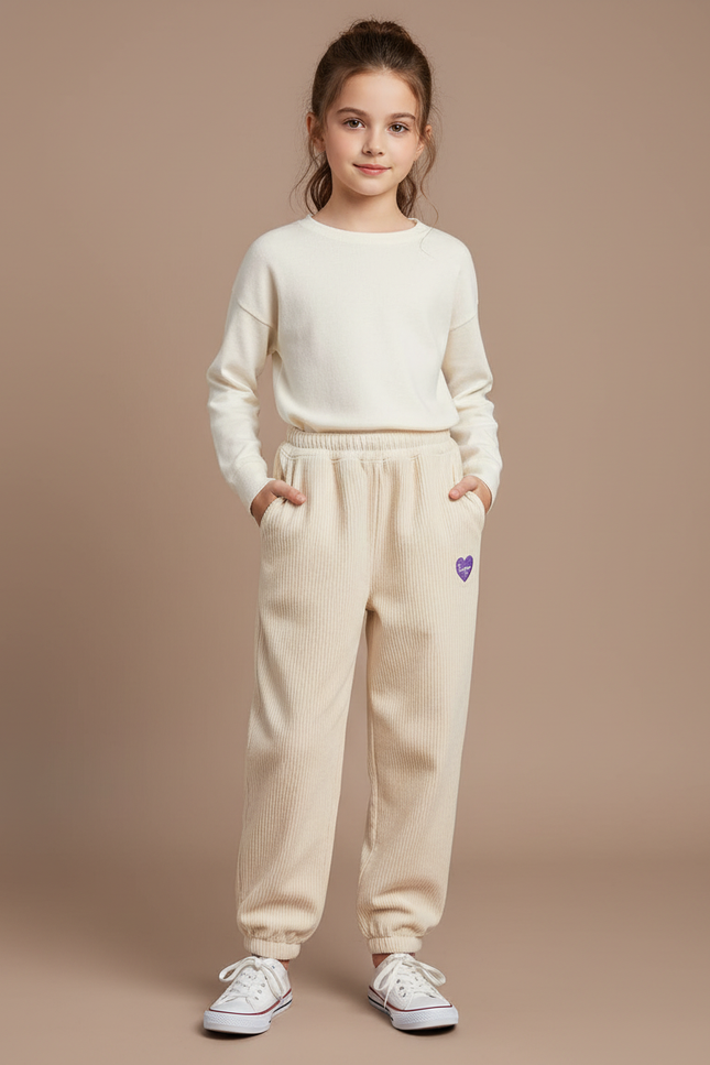 Pantalon Baggy Côtelé Beige Ample Confortable Cœur - Cordé