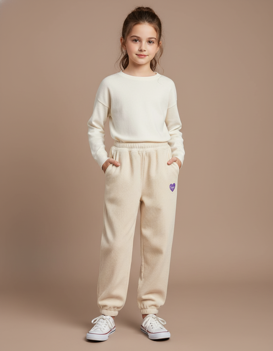 Pantalon Baggy Côtelé Beige Ample Confortable Cœur - Cordé